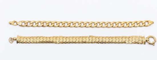 Two 9ct gold bracelet, including a fancy textured link bracelet, width approx 12mm (a/f pulls to