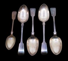 Four matching Victorian silver table spoons, fiddle patterned and initialled to terminals,