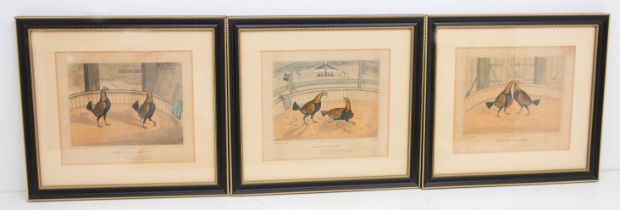 A set of five hand tinted engraved prints depicting Cock Fighting scenes, drawn and engraved by C.R.