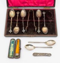 A collection of silver to include; a part cased set of five early Edwardian stylised Art Nouveau