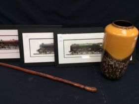 West German ceramic vase marked 517 45 to base, along with wooden carved walking stick and three