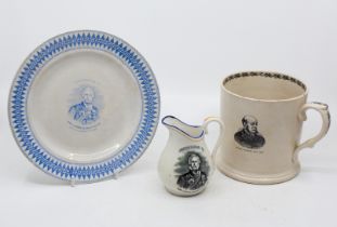A creamware frog mug, a creamware jug and plate. The jug and plate were presentation pieces to Sir J