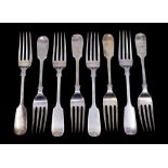 Eight matching late Victorian silver fiddle pattern plain dessert forks, hallmarked by Wakely &