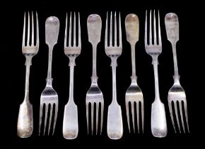 Eight matching late Victorian silver fiddle pattern plain dessert forks, hallmarked by Wakely &