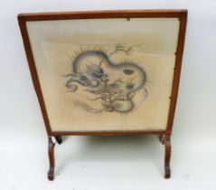 A possibility 19th century fire screen with silk screen panel of a  four-clawed Chinese dragon,