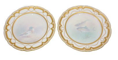 A pair of Minton cabinet plates. One painted by A.H Wright of Salmon, the other painted by JE Dean