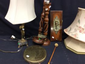 Early 20th century wall hanging oak and brass dinner gong along with three early to mid 20th century