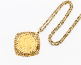 A George V sovereign dated 1911, set within a 9ct gold fancy mount, suspended on a 9ct gold rope