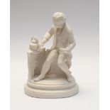 A Parian figure of James Watt, 19th century, seated by a stove with a kettle. Titled James Watt.