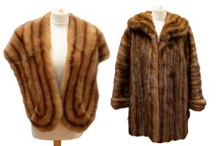 A mid brown mink fur jacket with a large cowl collar and half belt at the back, early to mid 60s and