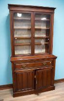 Large Victorian mahogany glazed Secretaire bookcase with pull out writing top above two cupboard