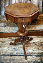 A late 19th century burr walnut sewing box, with lined interior and satin covered lidded