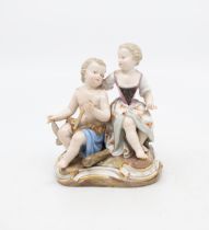 Early 20th century Meissen figure of two young children with a snake on a guilt detail porcelain