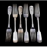 A set of six Victorian Scottish silver fiddle patterned dinner forks, all initialled to terminals,