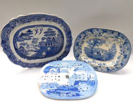Two English 19th century Ironstone blue and white meat platters and a Spode drainer. Eaton, College,