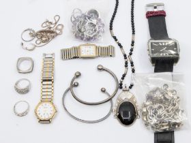 A collection of costume jewellery to include a silver and amethyst bracelet, Mappin & Webb quartz