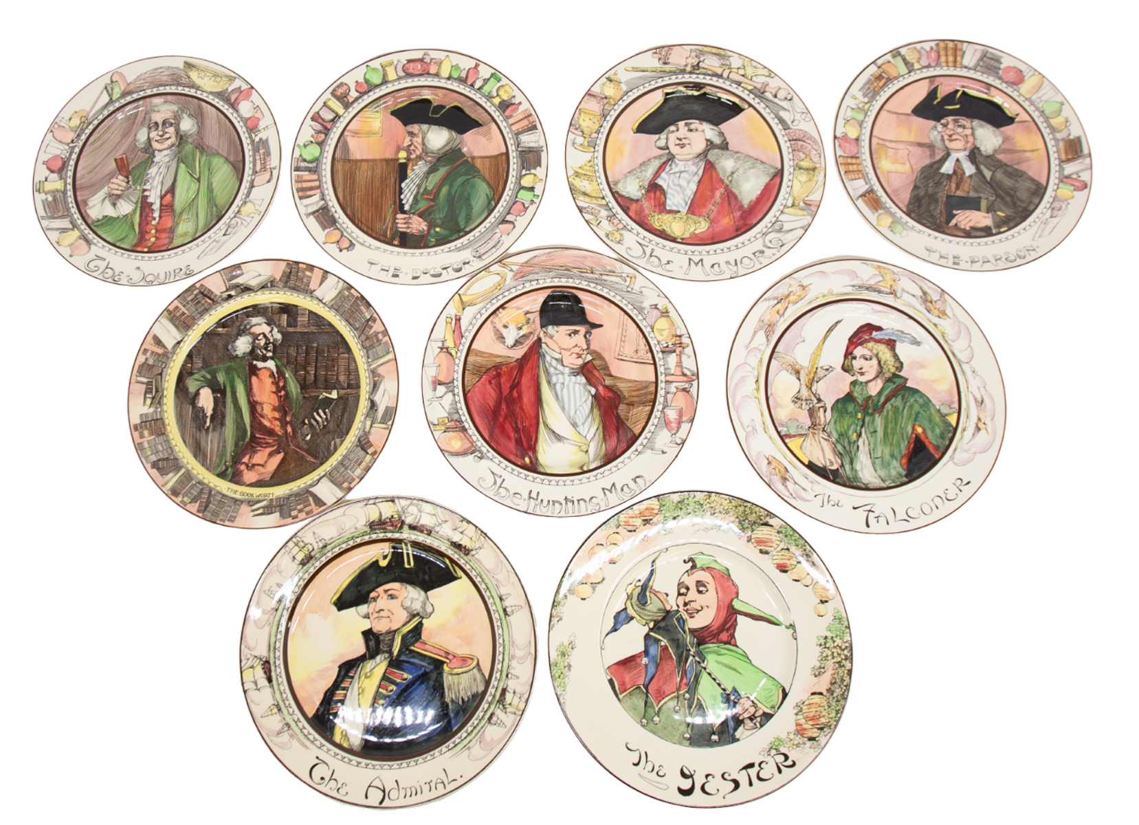 A collection of nine Royal Doulton character  plates to include The Parson, The Mayor, The Squire,
