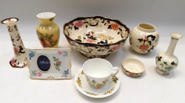 A pair of Minton 'Haddon Hall' pattern dinner plates together with Aynsley 'Cottage Garden' cups and