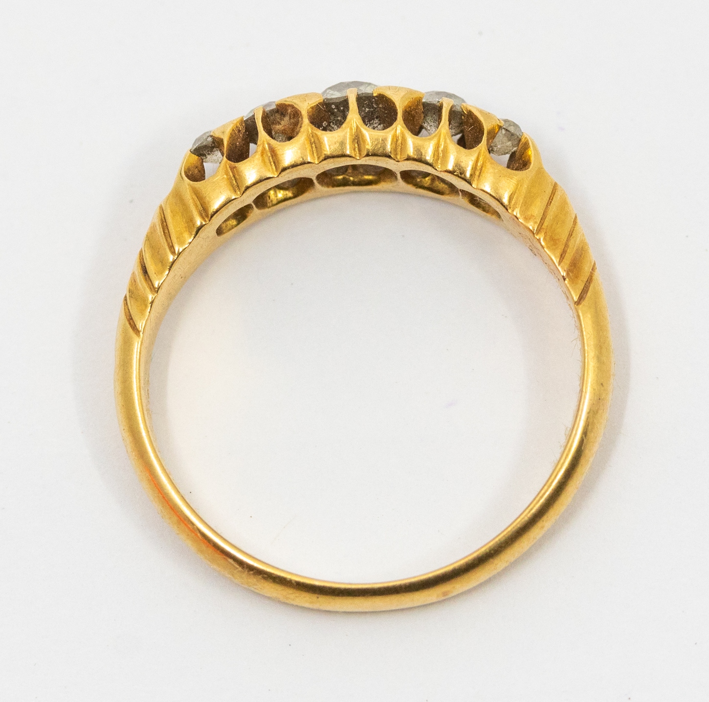 A diamond and 18ct gold boat head ring, comprising a row of graduated old cut diamonds, the centre - Image 3 of 3