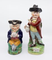 Two late 19th century Staffordshire toby jugs, one titled 'Hearty Good Fellow' with hat, size 28cm