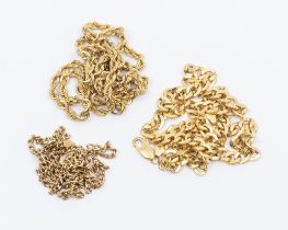 Three 9ct gold chains, including a hollow curb, width approx 5mm, length approx 500mm, along with