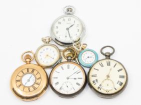 A collection of pocket watches to include  a gold plated half hunter, a ladies guilloche enamel open