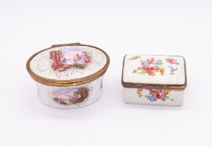 An 18th Century style enamel snuff box and cover, oval with waisted sides, the cover painted with