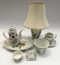 Portmeirion china: Botanical range items to include tea wares, dinner wares, vase, and a large lamp.