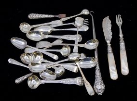 A collection of mixed silver flatware to include; a Dublin silver long fiddle pattern condiment