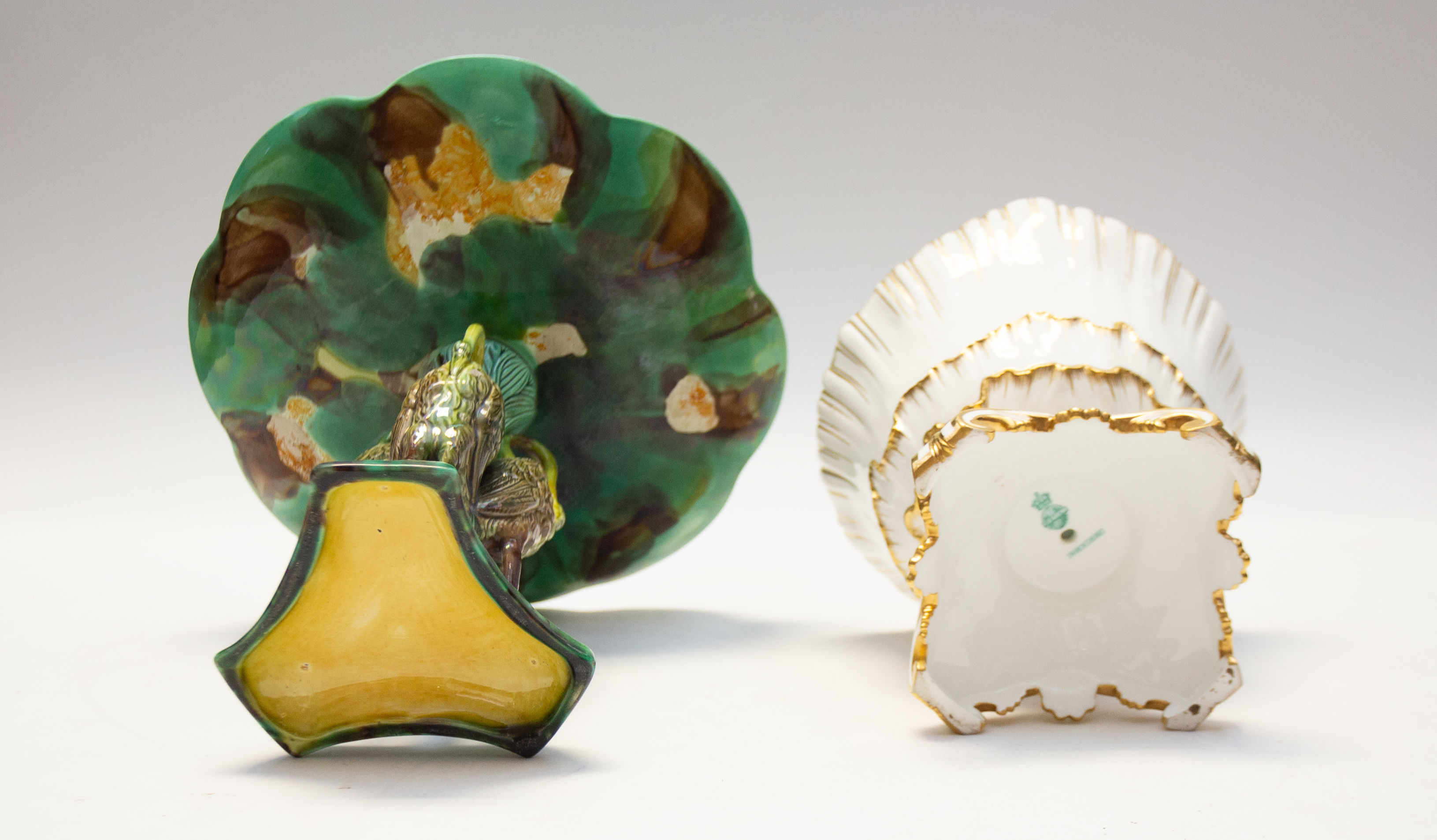 Majolica 19th century table comport with stork detail support along with Minton rose petal lidded - Image 3 of 4