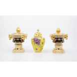 1870 pair of Derby Stevenson and Hancock potpourri vases with heavily gilded and hand painted flower