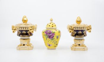 1870 pair of Derby Stevenson and Hancock potpourri vases with heavily gilded and hand painted flower