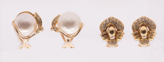 A pair of pearl and diamond set 18ct gold clip earrings, comprising a pearl within a wire border