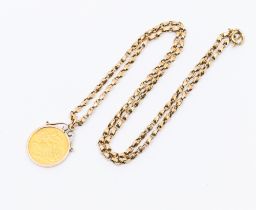 A George V half sovereign coin dated 1913, counted in a 9ct gold pendant mount, suspended on a 9ct