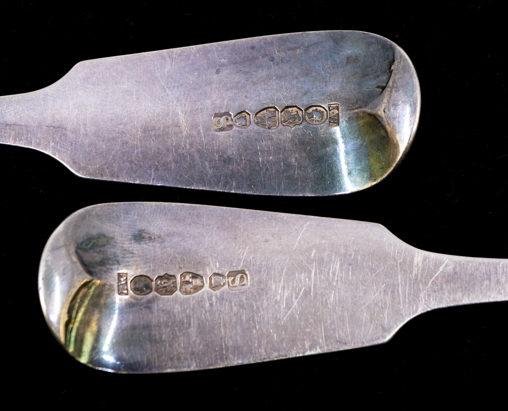 Four matching Victorian silver table spoons, fiddle patterned and initialled to terminals, - Image 2 of 2