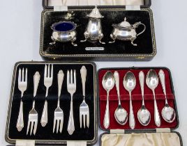 A collection of silver to include;  1) A matching Queen Elizabeth II silver condiment set consisting