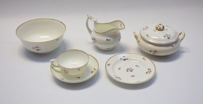 Bloor Derby: a bowl, cup and saucer, small tureen, milk jug and a plate, with white background, gilt