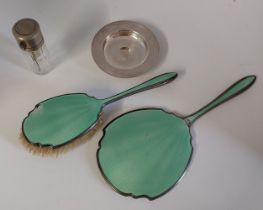 An incomplete metal and glass atomiser  An Art Deco mirror and brush set with green enamel