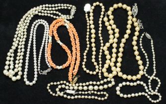 Joblot of cultured pearls, simulated pearls and orange bead and blister pearl necklace. Some need