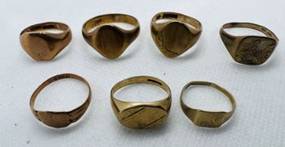 A collection of seven 9ct gold signet rings. Total approximate weight 21.2 grams.