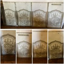 Four pub door glass panels etched with  "SMOKE, ROOM, FINE ALES, SPIRITS    92cm h x  53.5cm w
