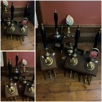 Two brass hand pulling beer pumps (one double) Hi-gene beer pumps  aprox 70cms high plus two