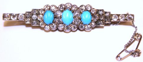 Unmarked gold Turquoise and Diamond Brooch.  Consists of three oval cabochon turquoises. Each approx