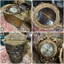 Brass coal box and umbrella stand, Gold coloured round mirror and ornate small barometer