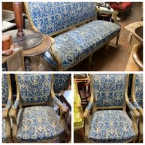 Blue and Gold gilt effect salon suite. sofa and two chairs  sofa measures approximately 100cmsH x
