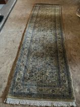 Carpet Runner in cream with accented green and ornathological repeating pattern 9'7"' x 33"