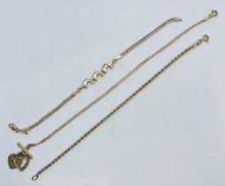 A collection of three 9ct gold bracelets. Featuring a Prince of Wales rope chain bracelet; one