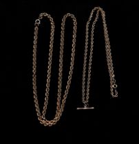 A 9ct gold barley twist chain, with an unmarked yellow metal T-bar pendant, along with a similar