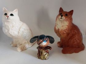 2 large seated Persian Beswick cats and a Beswick Kingfisher. All back stamped Beswick, cats model