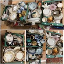 Five boxes of assorted ceramics including ,  cups mugs, dishes plates, some damage and some items